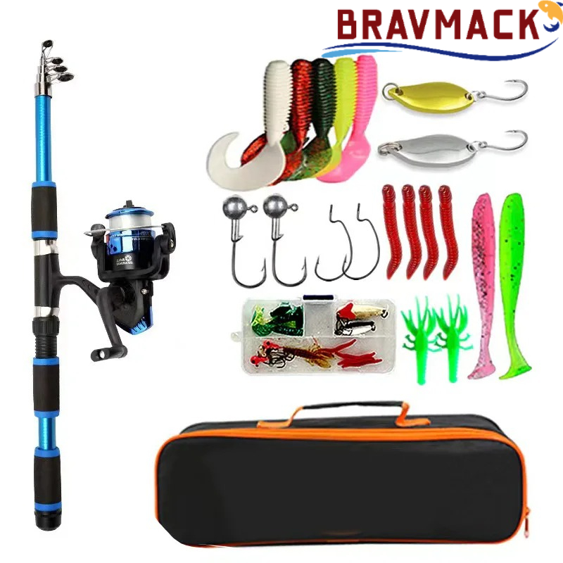 Fishing Equipment Online - BRAVMACK Reise-Teleskop-Angelrute Komplettset Spinnrolle Köder Haken